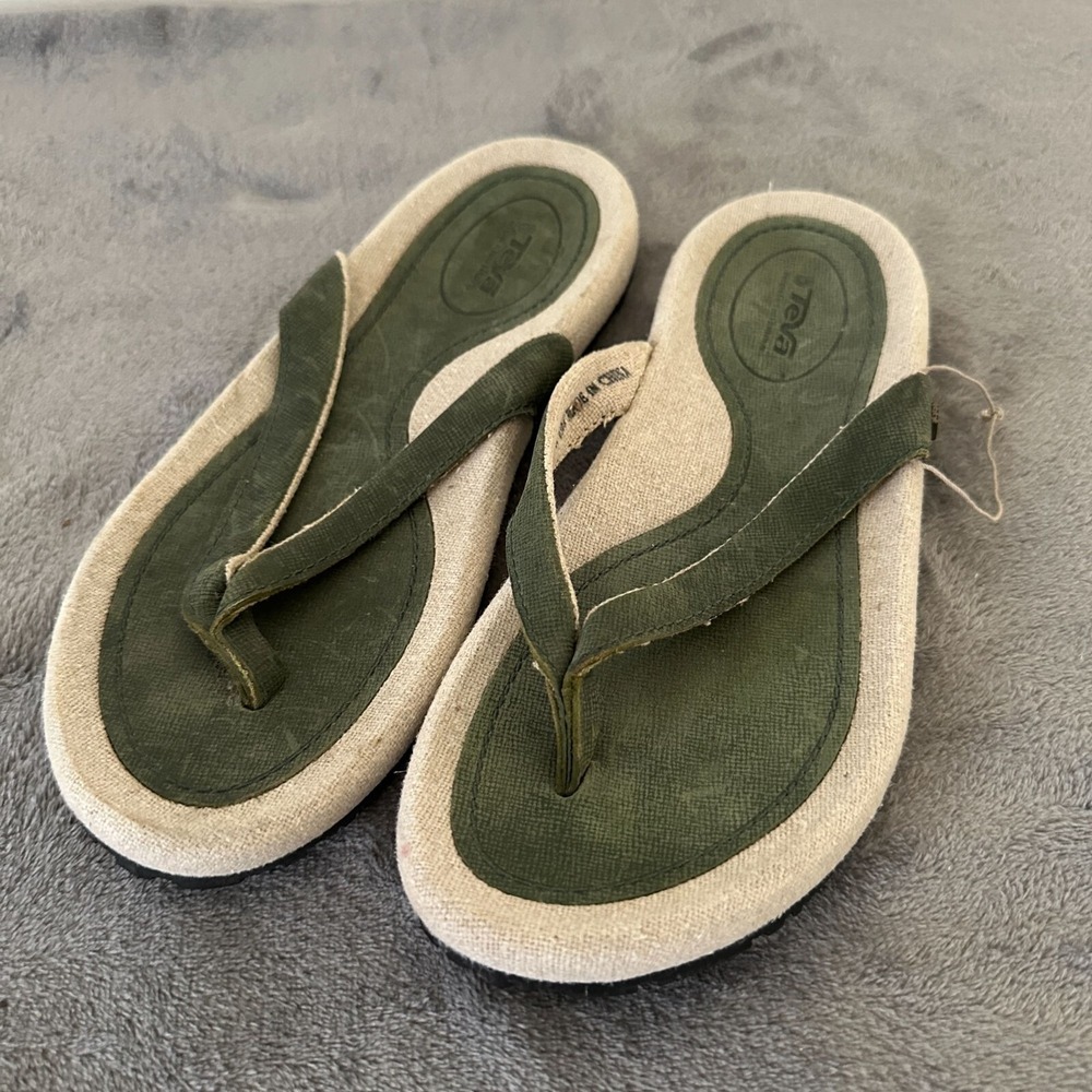 Teva Olive Green Leather Thong Canvas‎ Flip Flop  Sandals Womens 10 Beach Casual